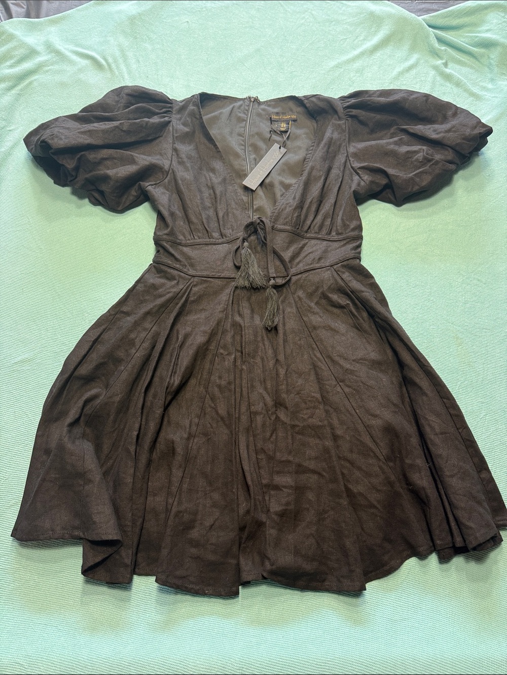 House of Harlow 1960 Black Puff-Sleeve Tie-Front Mini‎ Dress